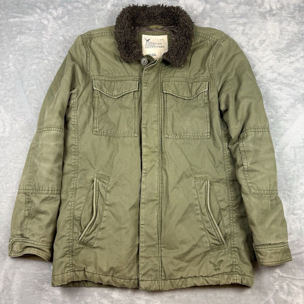 Y2K American Eagle Outfitters Military Field Jacket Olive Green Sherpa Collar LT